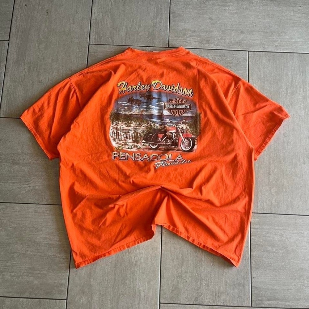 Harley Davidson Pensacola Florida Orange Graphic Pocket T Shirt Mens 27x29
